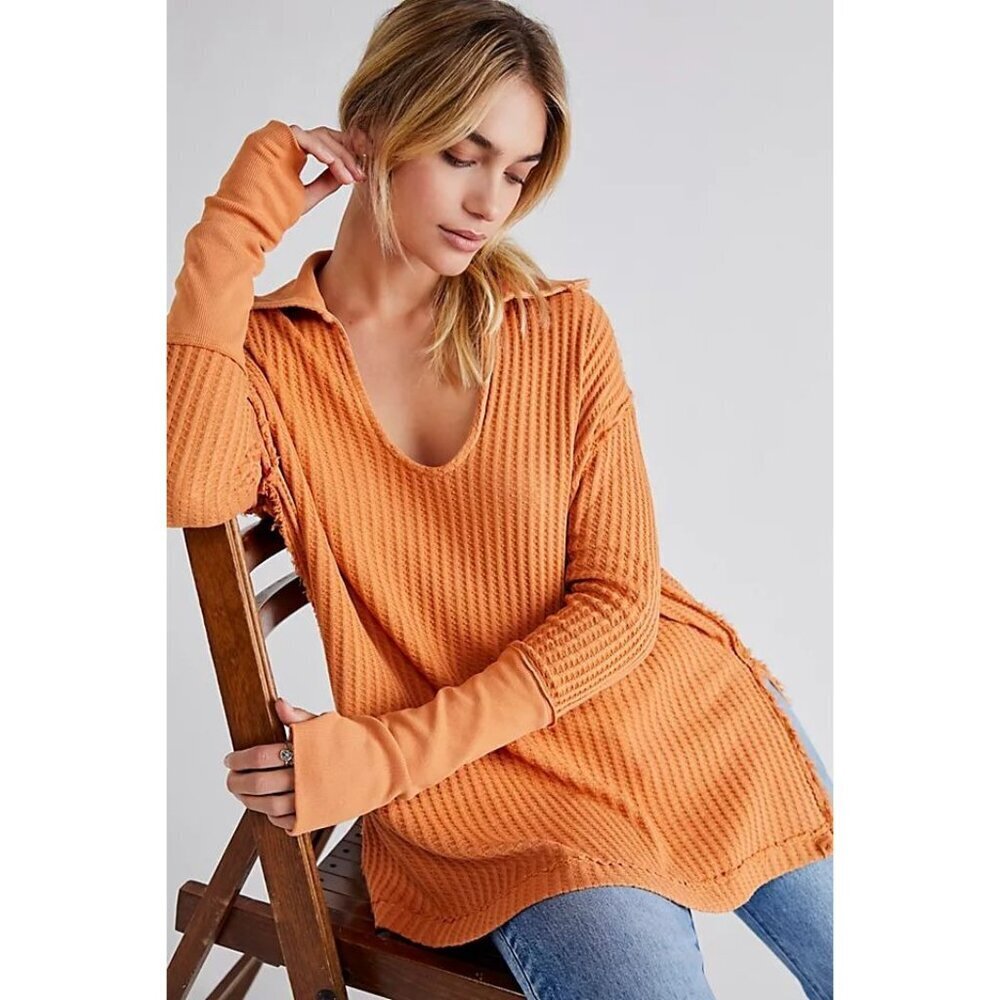 Free People Raymond Thermal Waffle Knit Oversized Pullover Size XS Womens in Ora